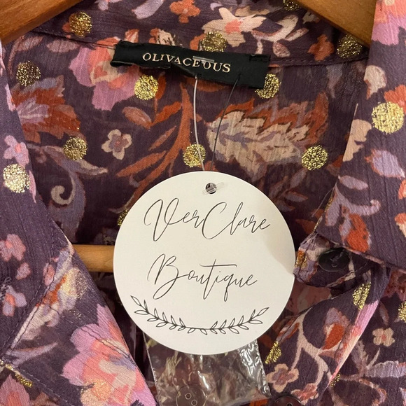 NWT!! Women’s Olivaceous purple blush gold shimmer button down top, Small - Picture 4 of 7